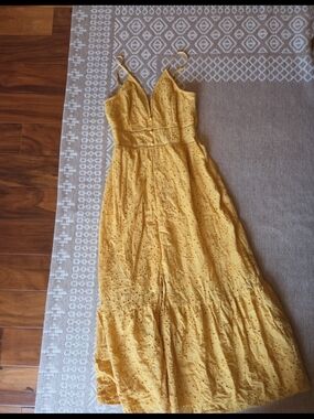 SHEIN Yellow Eyelet Spaghetti Strap Maxi Dress